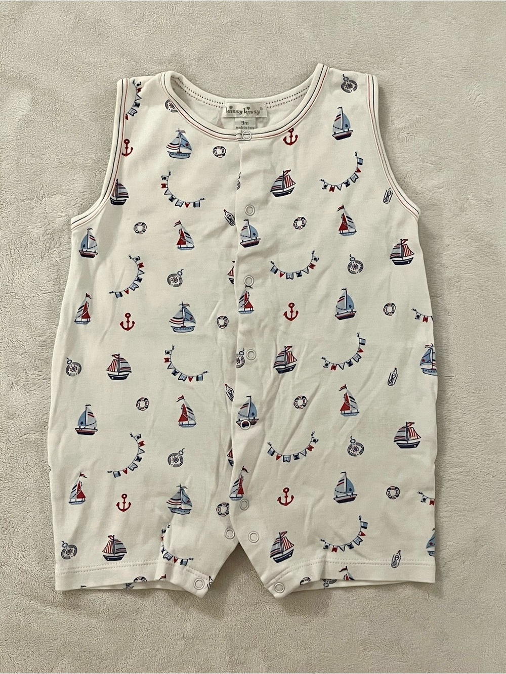 Kissy Kissy Baby Boy 6-9 Month Sailboat  Sleeveless Short Romper EUC